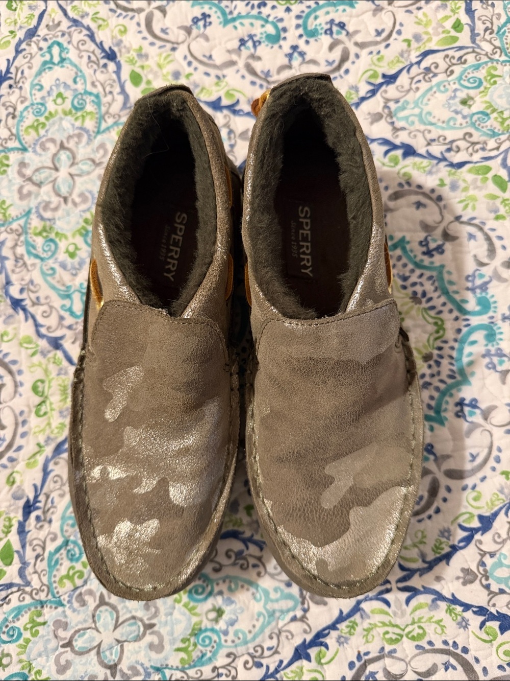 Sperry Metallic Taupe Suede Slip-On Moccasins